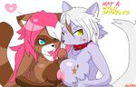  &lt;3 anthro blaketheflareon blue_eyes canine female hair kat_the_tanooki looking_at_viewer male mammal penis pink_hair pixels tanuki wyld_sparkles_the_wolf 