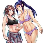  abs bare_shoulders blue_eyes blue_hair blush bra brown_hair grin hand_on_another's_shoulder long_hair looking_at_another love_live! love_live!_sunshine!! matsuura_kanan midriff misogi_(misogi1341) multiple_girls muscle navel open_mouth panties ponytail short_hair skirt smile sports_bra toned underwear underwear_only undressing watanabe_you 