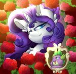  2016 absurd_res blue_eyes dragon equine female feral flower friendship_is_magic green_eyes hair half-closed_eyes hi_res horn long_hair looking_at_viewer madacon mammal my_little_pony open_mouth plant purple_hair rarity_(mlp) rose scalie smile spike_(mlp) unicorn 