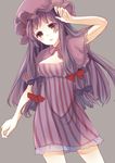  absurdres adapted_costume breasts capelet cleavage commentary dress hair_ribbon hat highres kashiwagi_chisame large_breasts long_hair looking_at_viewer mob_cap patchouli_knowledge purple_dress purple_eyes purple_hair ribbon solo striped striped_dress touhou tress_ribbon 