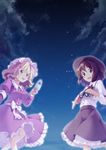  binoculars blonde_hair bow brown_eyes brown_hair dress hair_bow hat hat_bow hat_ribbon highres maribel_hearn midorino_eni mob_cap multiple_girls necktie night night_sky purple_dress purple_eyes ribbon short_hair sky star_(sky) touhou usami_renko 