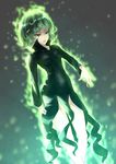  aura black_dress blurry depth_of_field dress dutch_angle green_eyes green_hair highres one-punch_man smile_(qd4nsvik) solo tatsumaki 