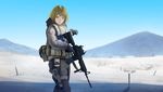  absurdres assault_rifle badge bag bangs belt black_gloves blonde_hair blue_eyes blue_sky blush breath call_of_duty call_of_duty:_modern_warfare_2 closed_mouth day desert gloves gun handgun highres holding holding_gun holding_weapon holster hood hood_down kumamon_(a20130122) load_bearing_vest long_sleeves looking_at_viewer m4_carbine military military_uniform mole mole_under_eye mountain original outdoors outstretched_arm pants pistol pointing red_lips rifle scenery shade short_hair sky solo standing stick text_focus thigh_holster trigger_discipline uniform weapon 