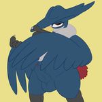  anthro anthrofied avian balls beak bird blue_feathers claws corvid crow erection feathered_wings feathers half-closed_eyes hi_res honchkrow humanoid_penis looking_at_viewer male nintendo nude partially_retracted_foreskin penis pok&eacute;mon posexe presenting red_eyes simple_background slightly_chubby smile solo uncut video_games wings 