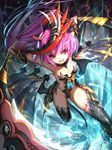  armpits ass_visible_through_thighs bad_id bad_pixiv_id bangs boots bracer breasts collar demon_girl demon_tail demon_wings dual_wielding floating_hair gloves hair_ornament highleg highres holding holding_weapon horns jumping leotard long_hair low_wings observerz original outstretched_arms pink_eyes pink_hair signature small_breasts smile solo spikes strapless strapless_leotard tail thigh_boots thighhighs very_long_hair weapon wings 