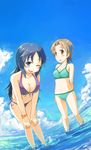  black_hair brown_eyes brown_hair cloud day dutch_angle girls_und_panzer hands_on_own_knees highres kannasetsuna leaning_forward long_hair multiple_girls navel one_eye_closed open_mouth outdoors sawa_azusa short_hair sky smile swimsuit wading water yamagou_ayumi 