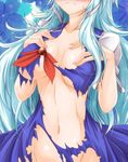  blue_hair blush breasts embarrassed g_(desukingu) groin head_out_of_frame highres kamishirasawa_keine large_breasts long_hair navel no_bra no_panties out-of-frame_censoring puffy_short_sleeves puffy_sleeves short_sleeves solo torn_clothes touhou very_long_hair 