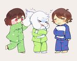  asriel_dreemurr blush boss_monster caprine chara_(undertale) clothed clothing crybleat goat human long_ears mammal pillow pillow_fight protagonist_(undertale) red_eyes undertale video_games 