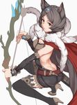  animal_ears arrow ass back back_cutout backless_outfit bad_id bad_pixiv_id black_eyes black_legwear bow_(weapon) breasts brown_hair butt_crack cape cleavage detached_sleeves erune fox granblue_fantasy high_heels highres kyuuso_inukami medium_breasts mole mole_under_mouth quiver short_hair simple_background solo sutera_(granblue_fantasy) thighhighs weapon white_background 