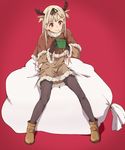  :&gt; animal_ears antlers black_legwear blonde_hair boots capelet christmas dress extra_ears fur_trim gift haine hair_flaps hair_ornament hair_ribbon hairclip kantai_collection long_hair oversized_object pantyhose red_background red_eyes reindeer_antlers reindeer_ears remodel_(kantai_collection) ribbon sack sitting sitting_on_object smile solo sweater sweater_dress yuudachi_(kantai_collection) 
