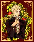  apple bad_id bad_pixiv_id blonde_hair blue_eyes boorunrun braid bug butterfly card flower food formal frame fruit giorno_giovanna holding insect jojo_no_kimyou_na_bouken male_focus playing_card ponytail rose snake solo upper_body yellow_flower yellow_rose 