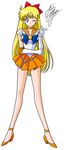  aino_minako bare_legs bishoujo_senshi_sailor_moon blonde_hair blue_bow blue_eyes bow choker elbow_gloves full_body gloves hair_bow long_hair looking_at_viewer magical_girl marco_albiero one_eye_closed orange_choker orange_sailor_collar orange_skirt pleated_skirt pointing red_bow sailor_collar sailor_senshi_uniform sailor_venus signature skirt solo standing strappy_heels tiara white_background white_gloves 