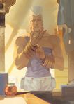  adjusting_clothes bare_shoulders blue_eyes bracer closed_mouth cowboy_shot earrings furrowed_eyebrows jar jean_pierre_polnareff jewelry jojo_no_kimyou_na_bouken light looking_at_viewer male_focus mirror muscle paper putting_on_jewelry rei_(sanbonzakura) sanpaku solo tassel tissue_box vanity_table white_hair wrist_cuffs 