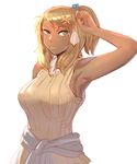 arm_up armpits bare_shoulders blonde_hair bow_(bhp) condom cum dark_skin green_eyes hair_bobbles hair_ornament hairclip looking_at_viewer mole mole_under_eye original ponytail solo tied_sweater used_condom 