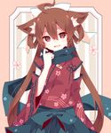  ahoge animal_ears bow brown_hair copyright_request detached_sleeves flower hair_bow hair_rings hatoichi_reno head_tilt long_hair looking_at_viewer open_mouth red_eyes scarf smile solo twintails very_long_hair white_bow 