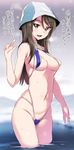  blush breasts brown_eyes brown_hair cleavage girls_und_panzer hat highleg highleg_swimsuit long_hair medium_breasts mika_(girls_und_panzer) noripachi slingshot_swimsuit smile solo swimsuit translation_request wading 