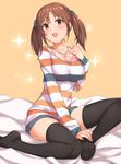  bad_id bad_pixiv_id bangs beige_background black_legwear blush breasts brown_eyes brown_hair cleavage collarbone eyebrows eyebrows_visible_through_hair hair_ornament hair_scrunchie heart heart_necklace highres idolmaster idolmaster_cinderella_girls kyuuso_inukami large_breasts long_legs long_sleeves looking_at_viewer no_shoes off_shoulder on_bed scrunchie shirt sitting smile solo sparkle striped striped_shirt thighhighs totoki_airi twintails 