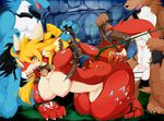  1girl 3boys anthro blonde_hair blush breasts censored dragon dragoon86 erection female furry group group_sex hair hypnotize long_hair multiple_boys nipples open_mouth penis wolf 