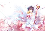  2016 alternate_eye_color antenna_hair artist_name blue_eyes blurry brown_hair card cardcaptor_sakura cherry_blossoms choker creature_on_shoulder depth_of_field dress feathered_wings flower frilled_sleeves frills hair_flower hair_ornament happy_new_year hoshi_no_tsue icemoon0123 kero kinomoto_sakura new_year petals pink_ribbon puffy_short_sleeves puffy_sleeves ribbon sakura_card short_hair short_sleeves star wand white_background white_dress white_wings wings 