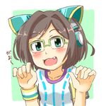  animal_ears aqua_eyes bad_id bad_pixiv_id black_hair cat_ears commentary fang glasses green-framed_eyewear paw_pose real_life semi-rimless_eyewear shirt short_hair solo sutaraito t-shirt taiwan tsai_ing-wen wristband 