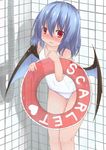  bat_wings blue_hair blush innertube nyt_(nagane) one-piece_swimsuit open_mouth red_eyes remilia_scarlet school_swimsuit see-through short_hair showering solo swimsuit touhou wet white_school_swimsuit white_swimsuit wings 