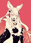  :d animal_ears blush breasts cleavage detached_sleeves erune fang granblue_fantasy large_breasts long_hair metera_(granblue_fantasy) mole mole_under_mouth monochrome norasame_(dagako) open_mouth red_background simple_background smile solo white_background 