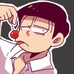  ankie cherry close-up commentary dress_shirt food fruit green_background highres looking_at_viewer male_focus matsuno_choromatsu open_clothes open_shirt osomatsu-kun osomatsu-san shirt simple_background solo tongue tongue_out 