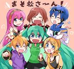  4girls :d ;d ^_^ ^o^ aqua_hair belt black_skirt blonde_hair blue_eyes blue_hair blush brown_hair clenched_hand closed_eyes coat cowboy_shot detached_sleeves hair_ornament hair_ribbon hairband hairclip hatsune_miku headphones headset heart heart_in_mouth hood hoodie kagamine_len kagamine_rin kaito long_hair looking_at_viewer meiko multiple_boys multiple_girls one_eye_closed open_mouth osomatsu-san outstretched_arm pink_background pink_hair pleated_skirt ribbon scarf short_hair simple_background skirt smile star sweater twintails very_long_hair vest vocaloid white_ribbon winter_clothes winter_coat yellow_scarf yuusuke-kun 