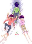 720_72 anger_vein brothers brown_hair cherry crossed_arms dragging food fruit heart heart_in_mouth hood hoodie male_focus matsuno_choromatsu matsuno_osomatsu matsuno_todomatsu multiple_boys osomatsu-kun osomatsu-san pout shadow shoes siblings simple_background sneakers tantrum white_background 