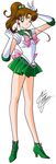  ankle_boots bare_legs bishoujo_senshi_sailor_moon boots bow brooch brown_hair choker earrings elbow_gloves flower_earrings full_body gloves green_choker green_eyes green_footwear green_sailor_collar green_skirt hair_bobbles hair_ornament jewelry kino_makoto looking_at_viewer magical_girl marco_albiero one_eye_closed pink_bow pleated_skirt ponytail sailor_collar sailor_jupiter sailor_senshi_uniform short_hair signature skirt smile solo standing tiara white_background white_gloves 