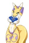  &lt;3 2016 anthro big_breasts big_ears black_nose blue_eyes breasts chest_tuft clothing digimon female fur gloves inner_ear_fluff kandlin looking_at_viewer mammal markings muscular nipples outlines panties renamon simple_background tuft underwear white_background yellow_fur 