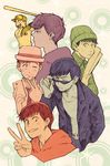  alternate_costume baseball_bat baseball_uniform beanie brothers cellphone hat hiyoco_(hiyoco110) hood hoodie jacket leather leather_jacket male_focus matsuno_choromatsu matsuno_ichimatsu matsuno_juushimatsu matsuno_karamatsu matsuno_osomatsu matsuno_todomatsu multiple_boys osomatsu-kun osomatsu-san phone poster_(object) sextuplets siblings smartphone sportswear sunglasses v 