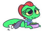  2016 anthro arthropod bowl chameleon clothing collar dreamworks eating female grasshopper hair insect lizard lizzie ponytail red_hair reptile scalie simple_background solo unknown_artist white_background yellow_eyes 