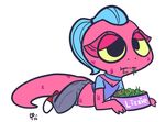  2016 anthro arthropod blue_hair bowl chameleon clothing collar dreamworks eating female grasshopper hair insect lizard lizzie ponytail reptile scalie simple_background solo unknown_artist white_background yellow_eyes 