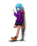  :p ;p alternate_costume ankle_boots bad_id bad_pixiv_id badge bike_shorts blue_hair blush boots button_badge candy contemporary food hands_in_pockets highres hood hoodie katsumi5o leaning lollipop long_sleeves one_eye_closed pantyhose red_eyes scarf shadow short_hair solo tatara_kogasa tongue tongue_out touhou 