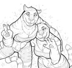  :3 breasts cleavage clothed clothing crossgender dancing disney duo feline female kaboozey mammal monochrome shorts smile sparkles tiger tight_clothing tongue tongue_out v_sign zootopia 