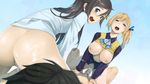  2girls after_sex black_hair black_shirt blue_eyes blush bottomless breasts breasts_outside brown_hair cum cum_in_pussy cumdrip ejaculation girl_on_top hetero highres ichijou_haruhiko izumi_reina jpeg_artifacts kawakami_mai large_breasts long_hair looking_back moaning mole mole_under_eye multiple_girls musaigen_no_phantom_world nipples no_bra open_mouth orgasm paavuchi penis pussy ribbon school_uniform sex shirt side_ponytail straddling sweater_vest vaginal 