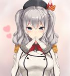  blue_eyes blush breasts epaulettes fingers_together gloves hair_between_eyes highres kantai_collection kashima_(kantai_collection) medium_breasts monoku silver_hair smile solo white_gloves 