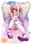  anklet armpits bow breasts bug butterfly elbow_gloves fairy_wings from_below full_body gloves green_eyes hair_ornament highres huniepop insect jewelry kyu_sugardust mary_janes medium_breasts nipples nude open_mouth patreon_logo pink_hair pussy see-through shoes smile solo tetisuka thighhighs watermark white_gloves white_legwear wings 