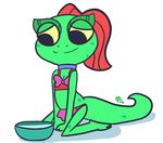  anthro bikini bow bowl chameleon clothing dreamworks female hair lizard lizzie ponytail red_hair reptile scalie simple_background smile solo swimsuit unknown_artist white_background yellow_eyes young 