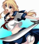  :d agrias_oaks blonde_hair blue_background blue_eyes blue_skirt collarbone final_fantasy final_fantasy_tactics gradient gradient_background hair_between_eyes hal_(goshujinomocha) holding holding_sword holding_weapon long_hair neckerchief open_mouth panties sailor_collar school_uniform serafuku shirt short_sleeves simple_background skirt smile solo sword underwear upskirt weapon white_panties white_shirt 