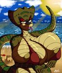  anthro beach bedroom_eyes big_breasts bikini breast-squish breasts clothed clothing female half-closed_eyes huge_breasts nipples oblivionrising reptile scalie seaside seductive skimpy snake solo swimsuit tongue tongue_out yellow_eyes 