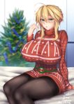  1girl ahoge aqua_eyes artoria_pendragon_(all) artoria_pendragon_(lancer) bangs black_legwear blonde_hair blurry blurry_background blush braid breasts christmas christmas_sweater christmas_tree commentary_request crown_braid curvy dated december depth_of_field dress english eyebrows_visible_through_hair fate_(series) green_eyes hair_between_eyes hair_tousle highres hirasawa_seiji huge_breasts indoors looking_at_viewer multiple_girls pantyhose red_sweater ribbed_sweater sidelocks sitting sleeves_past_wrists solo sweater sweater_dress thick_thighs thighband_pantyhose thighs turtleneck turtleneck_sweater 