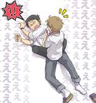  2boys @_@ black_hair brown_hair indian_style lying male_focus multiple_boys nichijou nojima on_back on_person open_mouth sakurai_makoto_(nichijou) sandals shirt shocked_eyes shoes single_shoe sitting sitting_on_person sleeves_folded_up socks speech_bubble surprised sweatdrop takasaki_manabu teeth watch white_legwear white_shirt wristwatch 