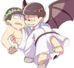  armpits bare_shoulders barefoot brothers carrying demon_horns demon_tail demon_wings horns incest koineko_(aph0310) male_focus matsuno_choromatsu matsuno_osomatsu multiple_boys osomatsu-kun osomatsu-san person_carrying princess_carry siblings simple_background soles tail toga white_background wings wreath wristband 