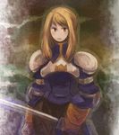  agrias_oaks armor blonde_hair breastplate brown_gloves elbow_pads final_fantasy final_fantasy_tactics gloves holding holding_sword holding_weapon long_hair lowres moromiso_(miara427) serious shoulder_pads solo sword upper_body weapon yellow_eyes 
