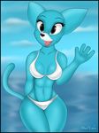  anthro bikini blue_fur breasts cat cleavage clothed clothing feline female fur howlechoes mammal mature_female mother nicole_watterson open_mouth parent sea solo swimsuit the_amazing_world_of_gumball toned_stomach water waving wide_hips 