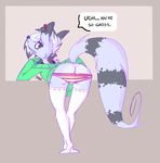  2015 annoyed anthro arm_support bent_over butt camel_toe clothed clothing cum cum_drip cum_on_butt cum_on_clothing dialogue dripping ear_markings ear_piercing english_text eye_markings facial_markings female fur green_clothing grey_fur grey_hair grey_markings grey_nose grey_stripes hair kaizy leaning leaning_forward legwear looking_back mammal markings marsupial multicolored_hair no_pupils opossum owleyes panties partially_clothed piercing raised_tail rear_view red_eyes sharp_teeth simple_background solo speech_bubble spots stockings striped_fur striped_panties striped_tail stripes sweater tail_markings teeth text thigh_highs underwear white_clothing white_hair white_sclera 