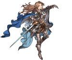  armor armored_boots belt beltskirt boots brown_eyes brown_hair cape floating_hair full_body gauntlets granblue_fantasy holding katalina_aryze long_hair minaba_hideo navel official_art solo sword transparent_background weapon 