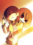  androgynous black_sclera brown_hair chara_(undertale) cowboy_shot dark_persona evil_smile expressionless frisk_(undertale) half-closed_eyes holding holding_knife holding_weapon hug hug_from_behind knife looking_at_viewer multiple_others om_(bmsm) parted_lips red_eyes reverse_grip shirt shorts smile spoilers striped striped_shirt undertale upper_body weapon 